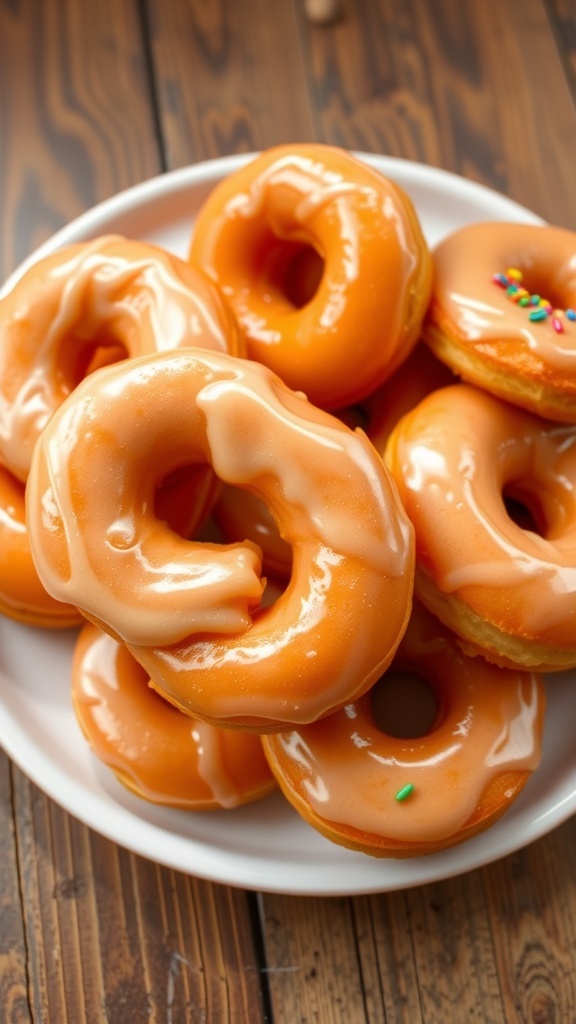 A tempting plate of glazed donuts with sprinkles on a rustic wooden table.